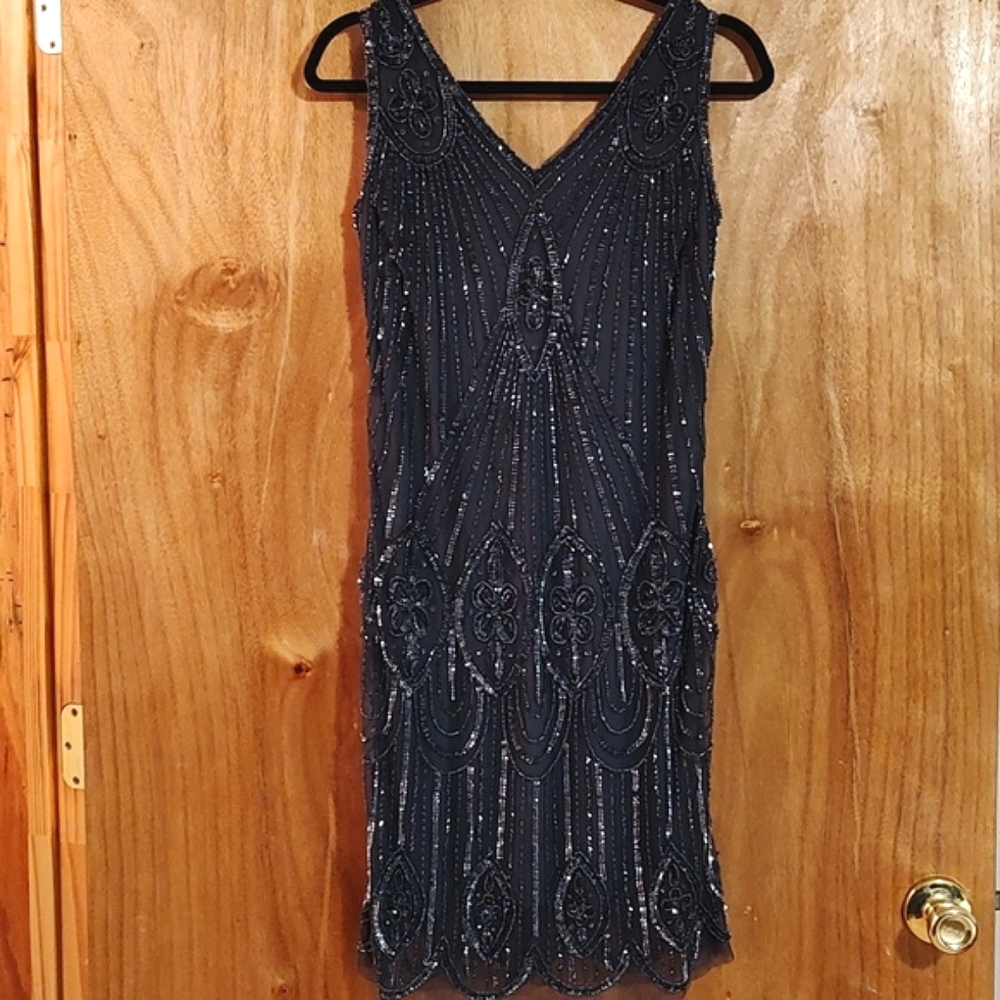 Prelude Beaded Sheath Dress Slate Blue Sleeveless Sequins Evening Dance Hoco 6 - Picture 2 of 13